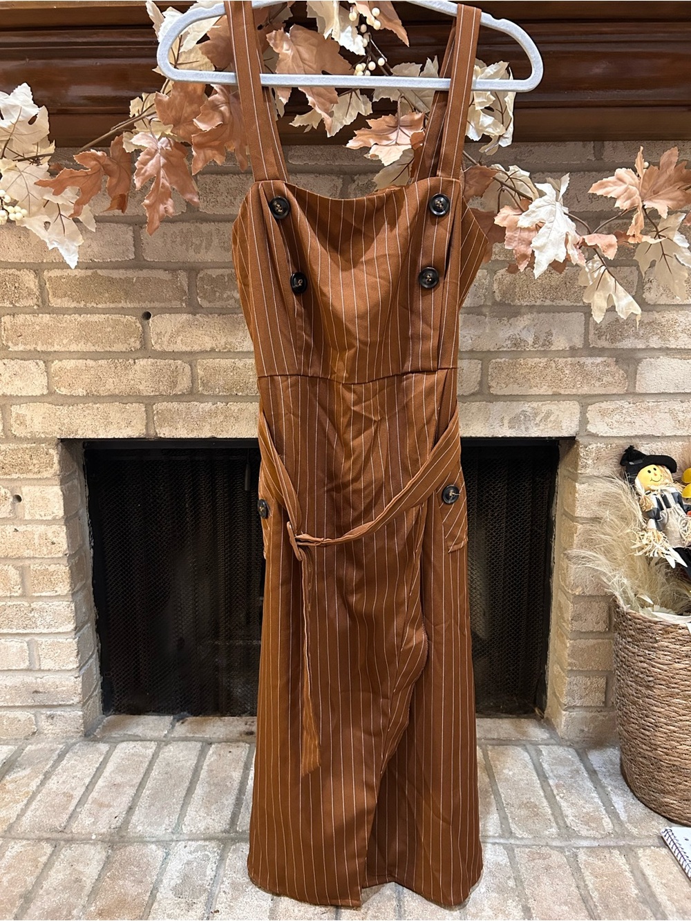 essue Rust Brown Pinstripe Midi Pinafore Dress EUC